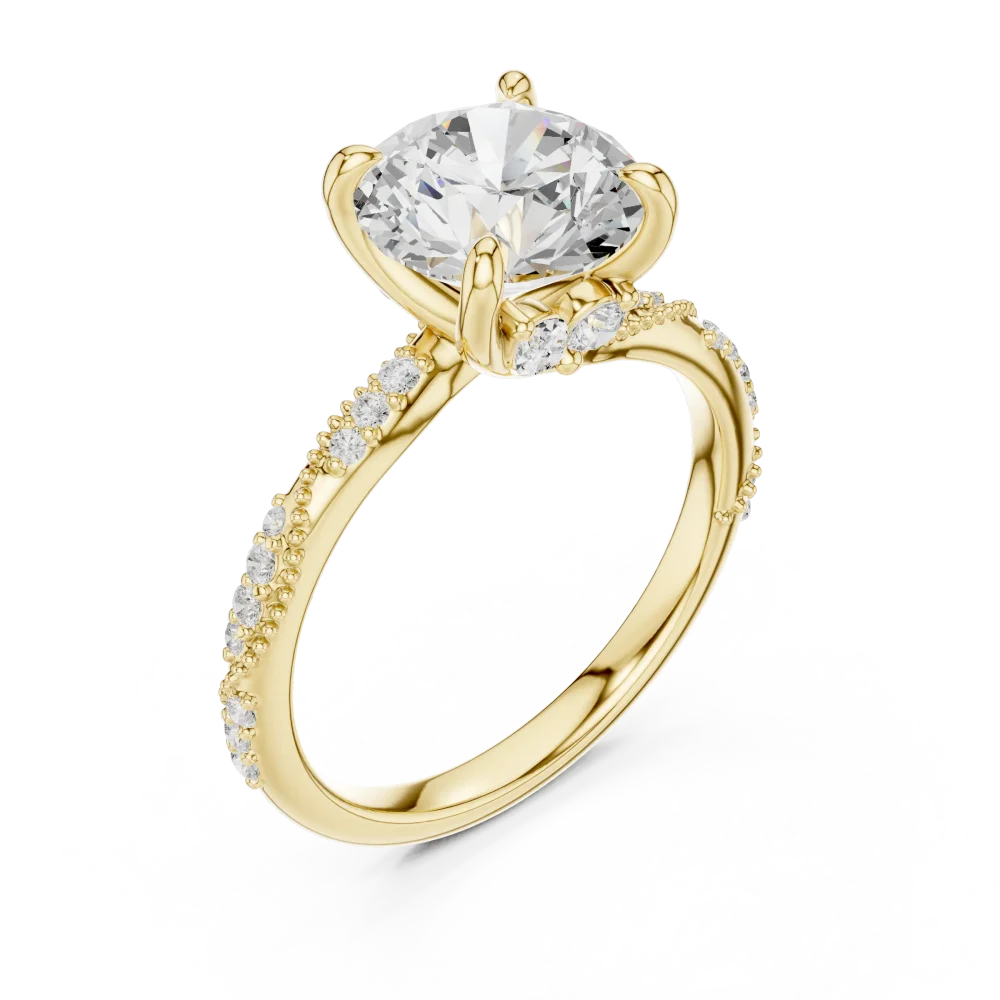 Celebrate forever with this exquisite round brilliant solitaire engagement ring, featuring shimmering pavé accents. Shop this sustainable luxury.