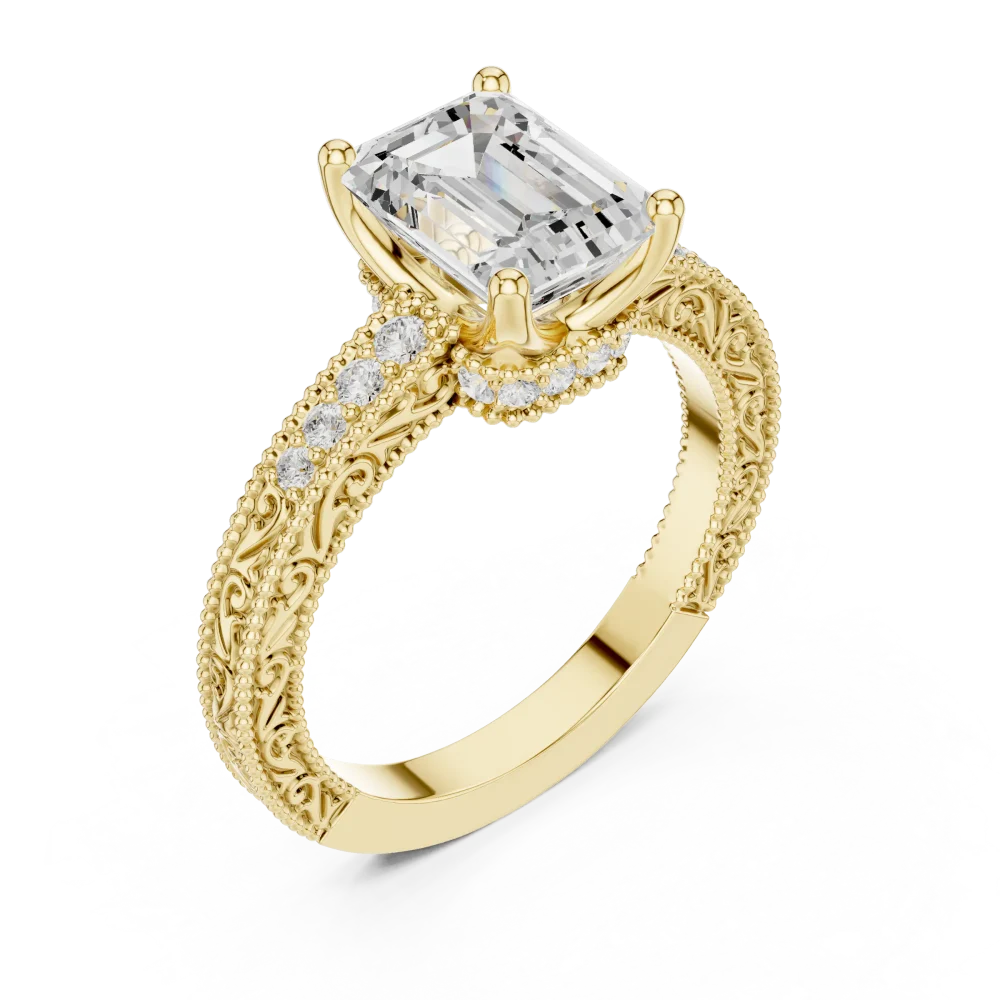 Experience timeless grace with this emerald-cut solitaire ring, featuring intricate filigree and pavé DIAMEUR diamonds. Shop sustainable luxury today.