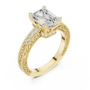 Ethereal Emerald Cut Filigree Pavé Solitaire Engagement Ring
