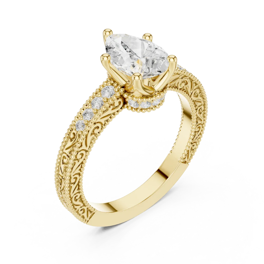 Embrace timeless elegance with this pear cut solitaire ring, featuring intricate pavé details and superior brilliance. Discover your perfect ring today.