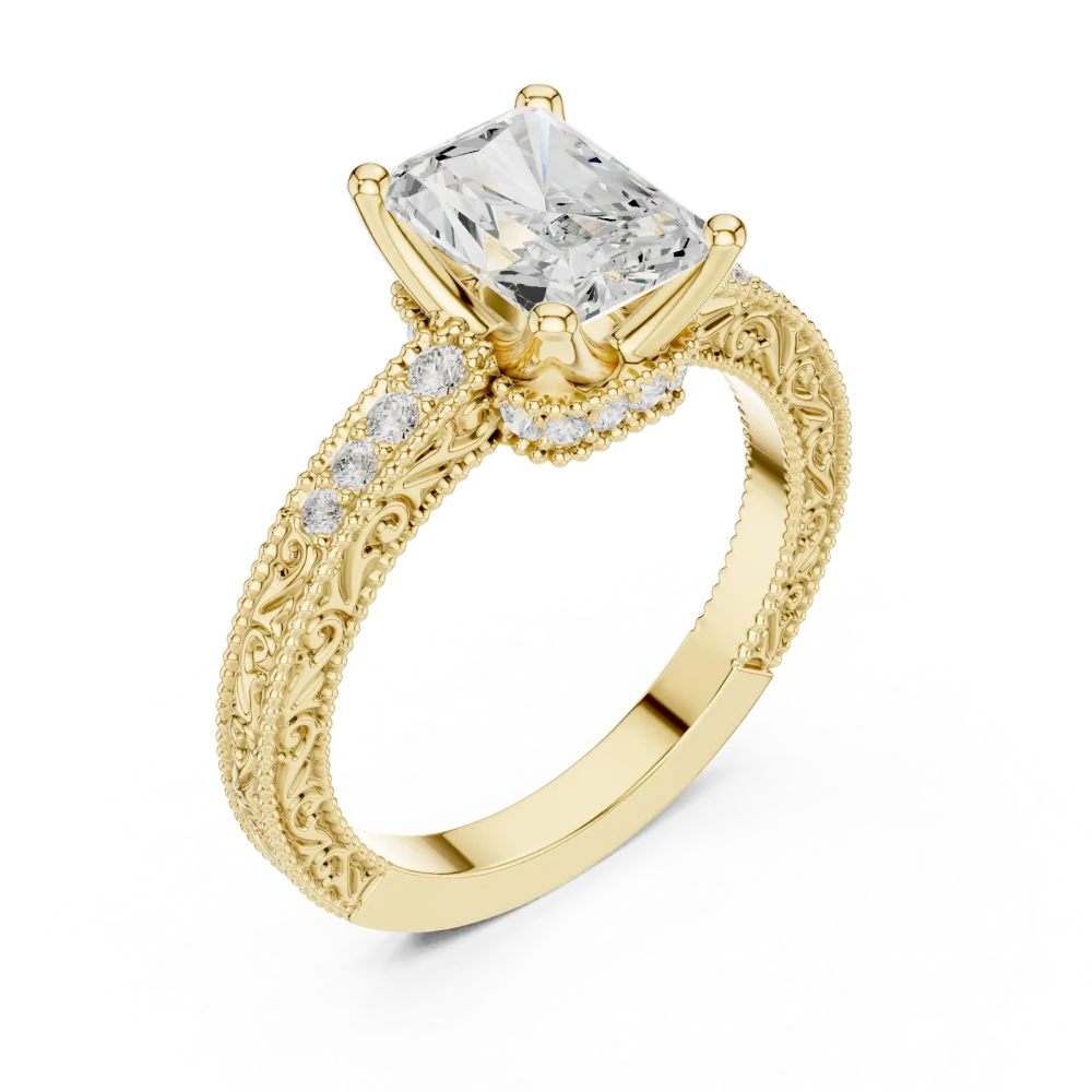Discover the elegance of our radiant cut solitaire ring, featuring hand-carved details and sparkling DIAMEUR diamonds. Elevate your style today.