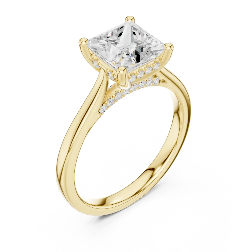 Discover the Ethereal Princess Cut Solitaire Ring, a modern classic featuring a radiant hidden halo. Elevate your forever with sustainable luxury.