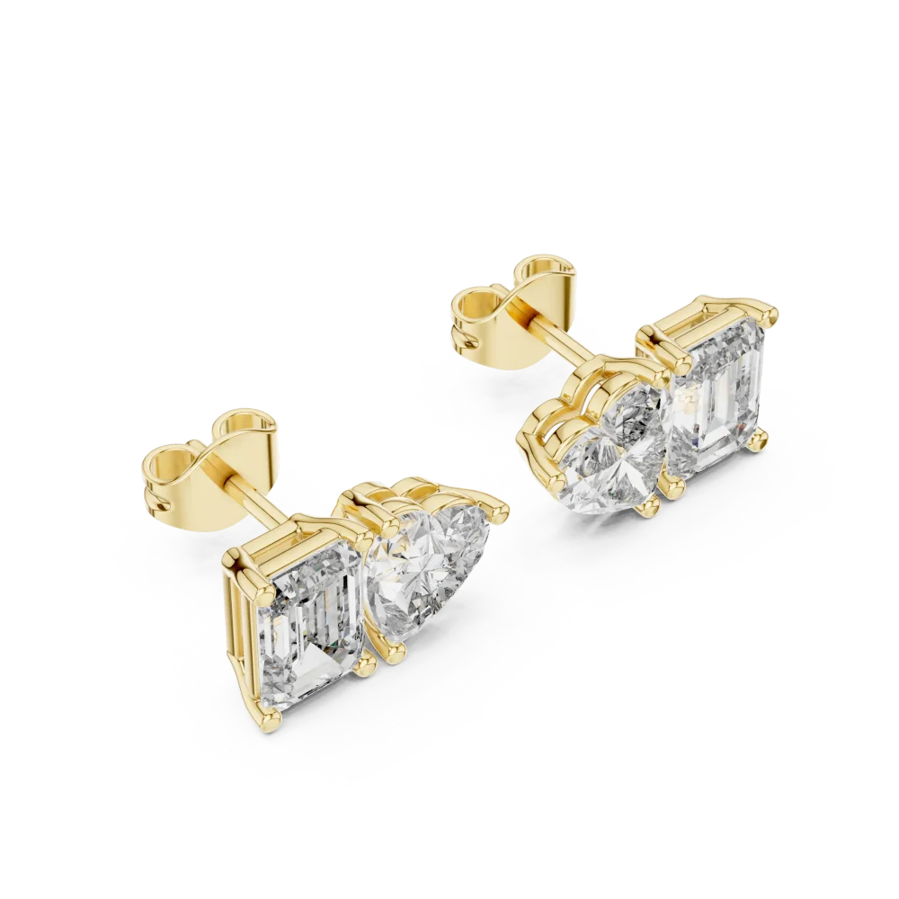 Elevate your look with our heart and emerald-cut DIAMEUR lab-grown diamond stud earrings. A masterclass in modern geometry and luxury. Shop today.