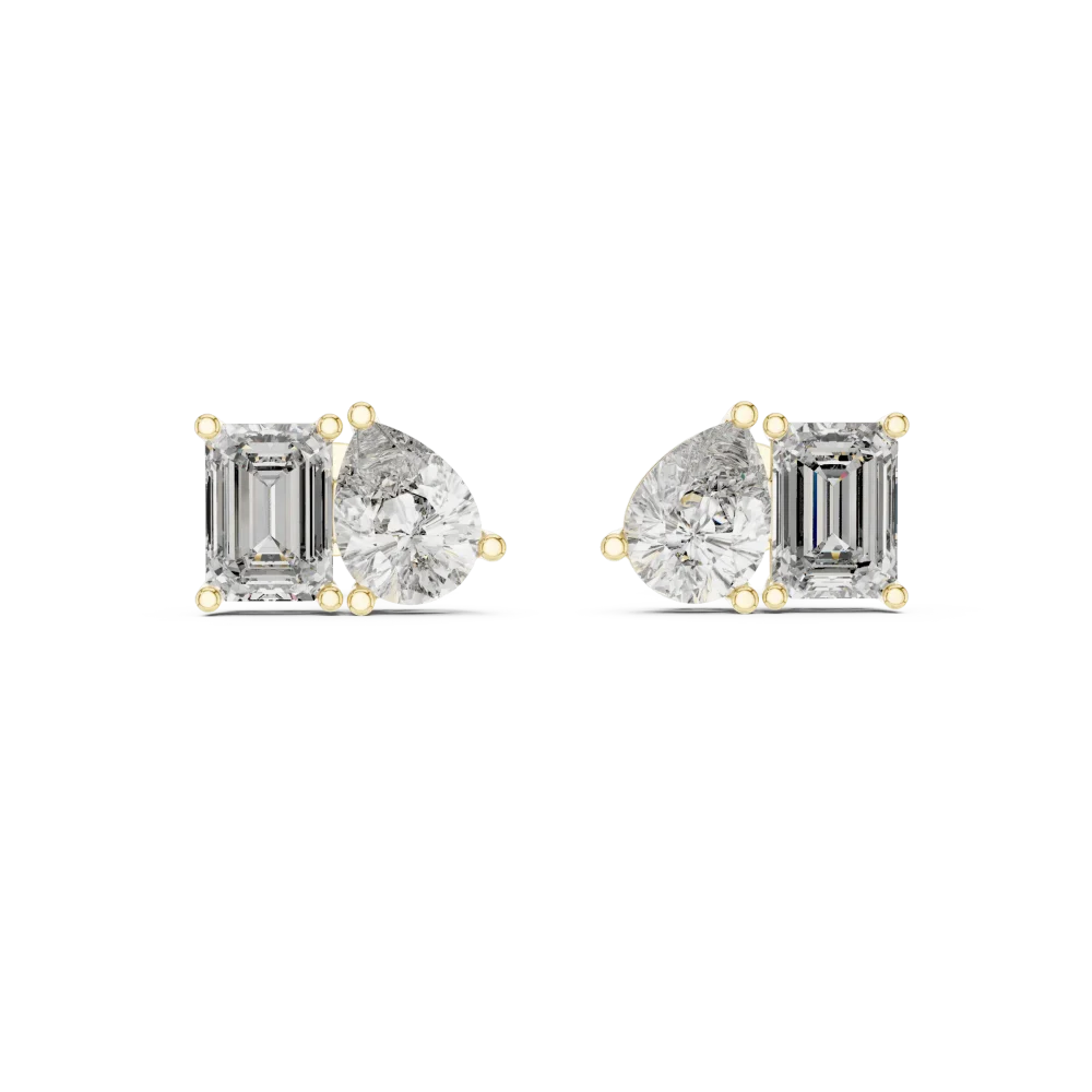Symmetry Emerald and Pear Cut Dual-Stone Solitaire Studs - Image 2