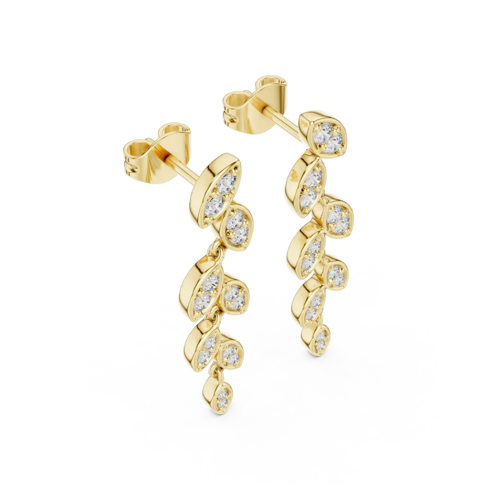 Experience the radiance of these artisanal leaf dangler earrings. Featuring brilliant DIAMEUR diamonds, these gems offer unparalleled elegance. Shop now.