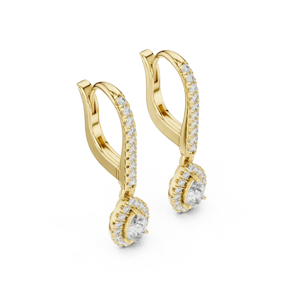 Experience unmatched brilliance with our Pear and Round Halo Drop Earrings. Featuring premium DIAMEUR lab-grown diamonds. Shop this sustainable luxury.
