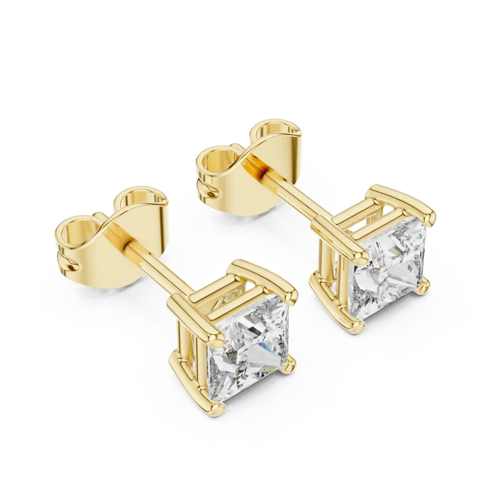 Elevate your style with these radiant princess-cut DIAMEUR diamond stud earrings. A perfect blend of architectural precision and brilliant fire. Shop now.