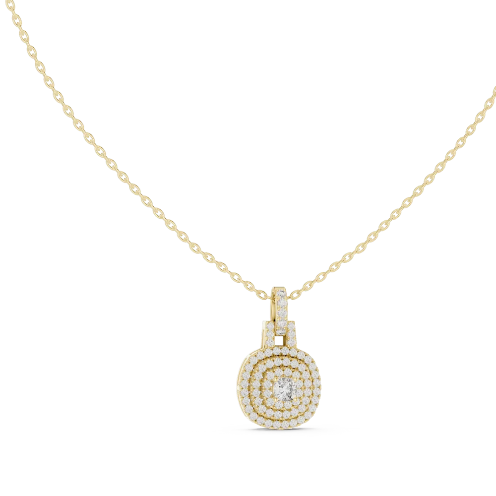 Discover the radiant brilliance of our architectural halo pendant. Expertly set with premium DIAMEUR diamonds for a look of effortless luxury.