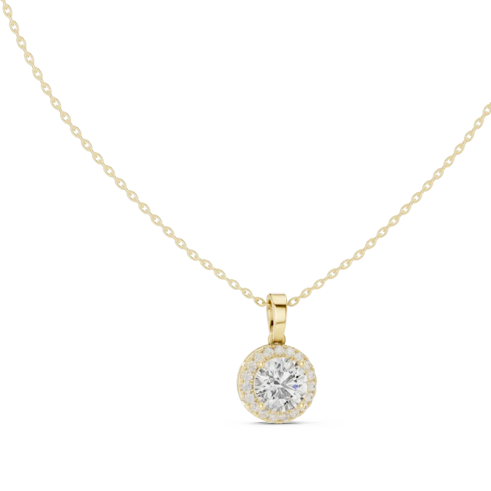 Discover the radiant beauty of our halo solitaire pendant. Featuring a brilliant DIAMEUR diamond, it is the perfect blend of luxury and style. Shop now.