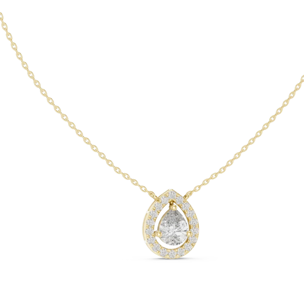 Embrace timeless elegance with this Pear Solitaire Halo DIAMEUR pendant. Expertly crafted for brilliance, it’s the ultimate statement of luxury. Shop now.