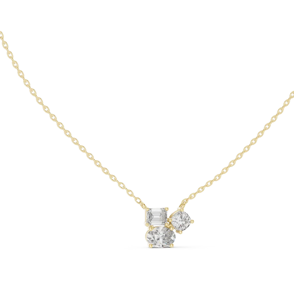 Discover the Luminary Trio Pendant, a stunning cluster of multi-cut DIAMEUR diamonds. Elevate your style with this modern, sustainable luxury piece.