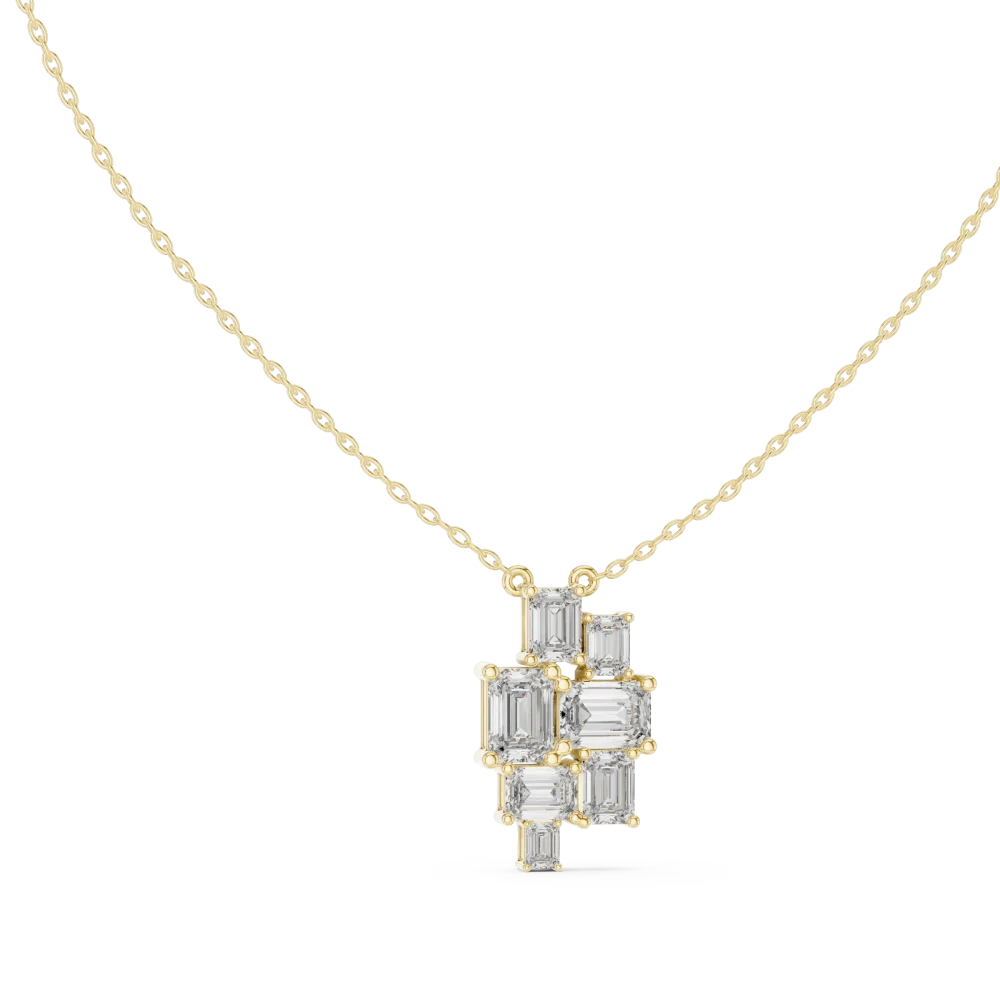 Discover our Architectural Emerald Cut Cluster Pendant, crafted with brilliant DIAMEUR diamonds. Elevate your style with this modern masterpiece.