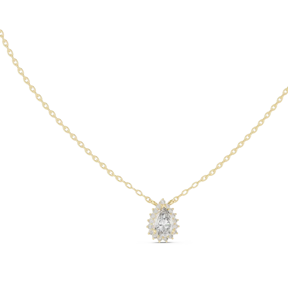 Discover the radiant beauty of our pear-cut halo solitaire pendant. Featuring exquisite DIAMEUR diamonds, this luxury piece is a must-have. Shop now.