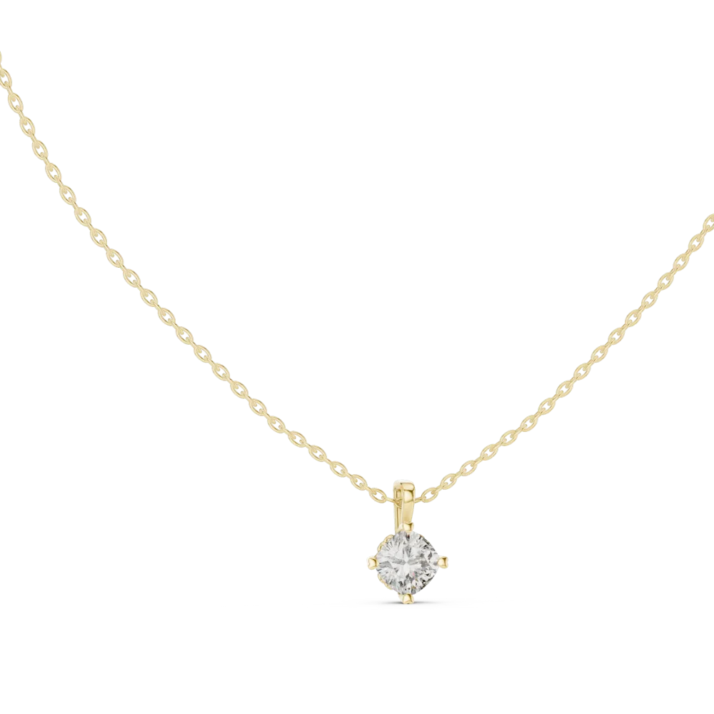 Experience timeless brilliance with this cushion cut solitaire pendant. Featuring a premium DIAMEUR diamond, it is the perfect modern luxury staple.