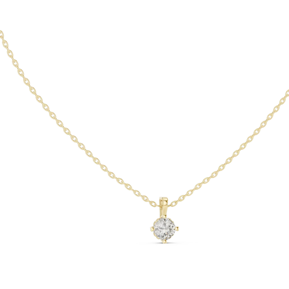 Experience the radiant fire of our cushion-cut solitaire pendant. Crafted with a premium DIAMEUR diamond, it is the ultimate modern classic. Shop now.