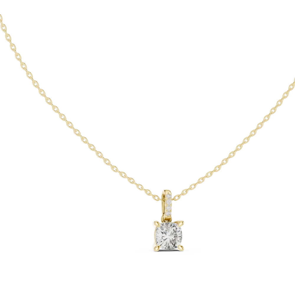 Discover the elegance of our cushion solitaire pendant, featuring brilliant DIAMEUR diamonds in a modern architectural frame. Shop this sustainable luxury.