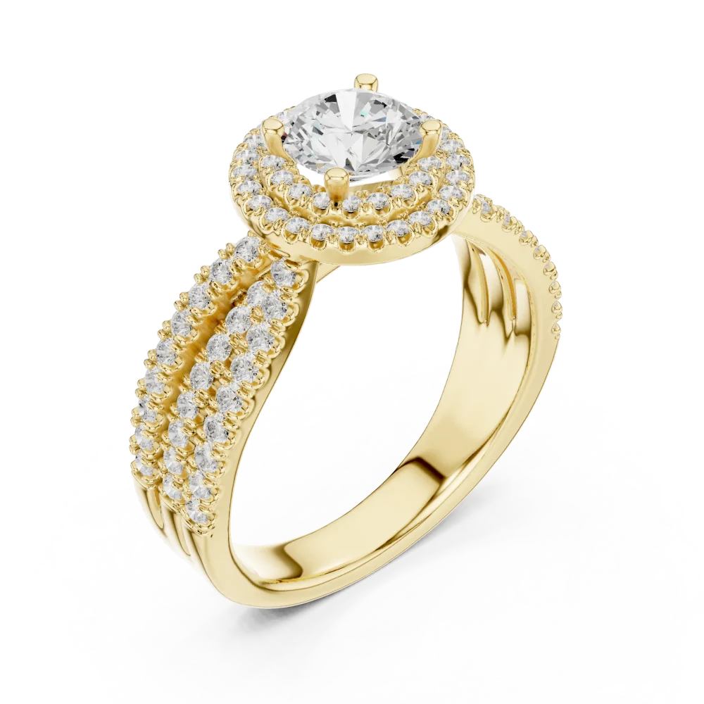 Discover the Ethereal Luminary Round Solitaire Ring, featuring a stunning center DIAMEUR diamond in a double halo. Shop this modern classic today.