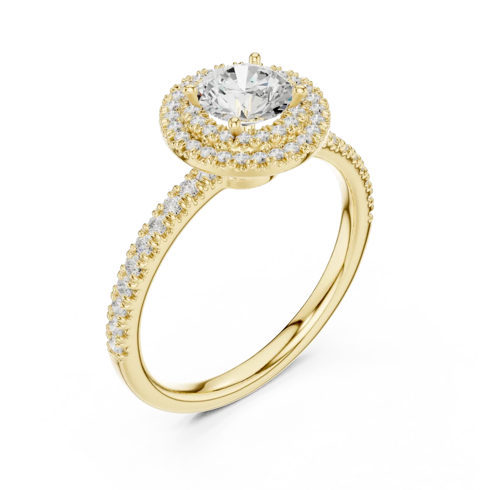Discover the radiant allure of our dual-halo solitaire ring. Featuring a brilliant-cut DIAMEUR diamond, this elegant piece defines luxury. Shop now!