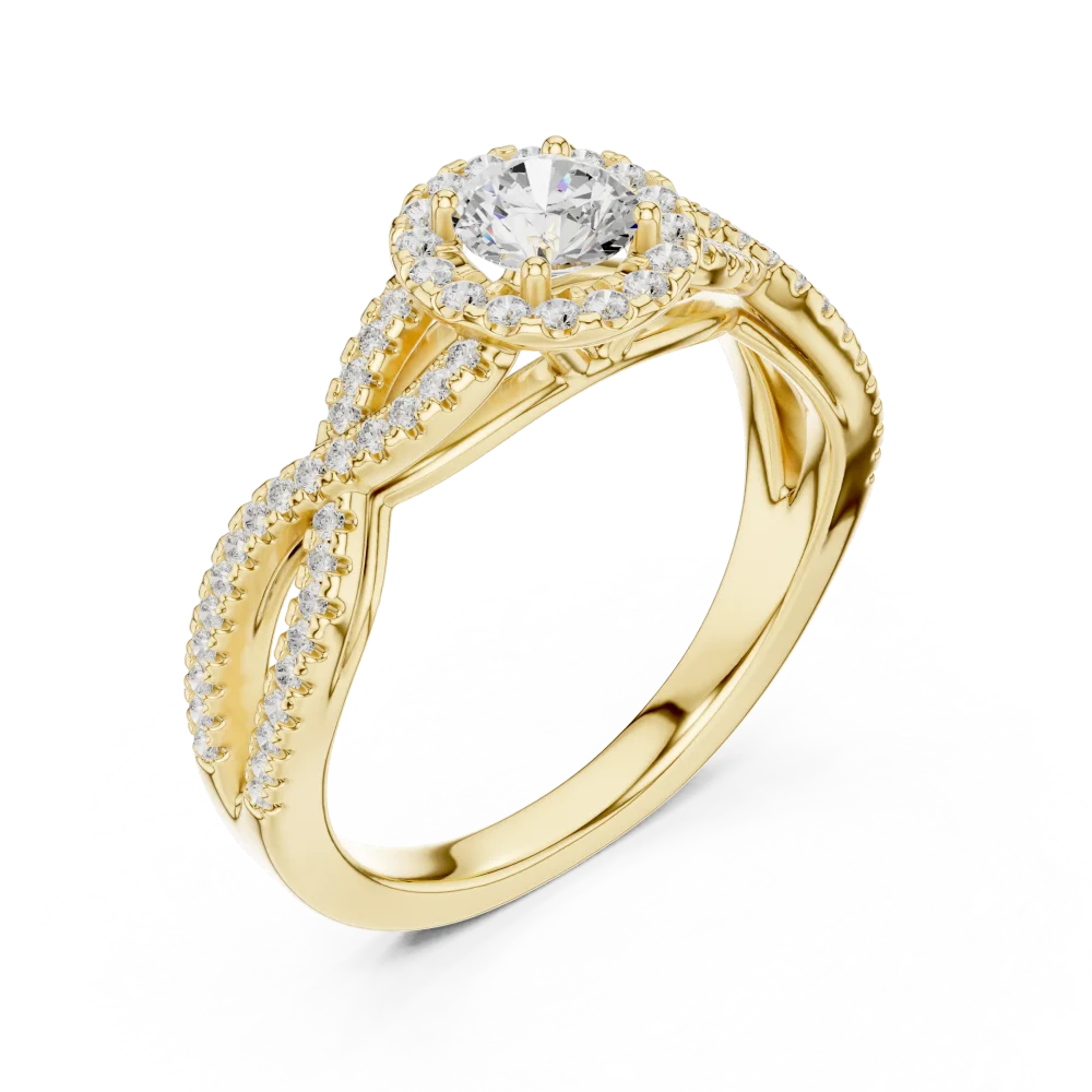 Discover the Ethereal Luminary Solitaire Ring, featuring a stunning DIAMEUR diamond halo and an intricate twisted band. Shop this modern classic today.