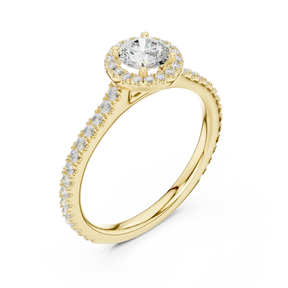Discover the radiant beauty of this round solitaire ring, featuring a brilliant DIAMEUR diamond halo. Elevate your collection—shop now.