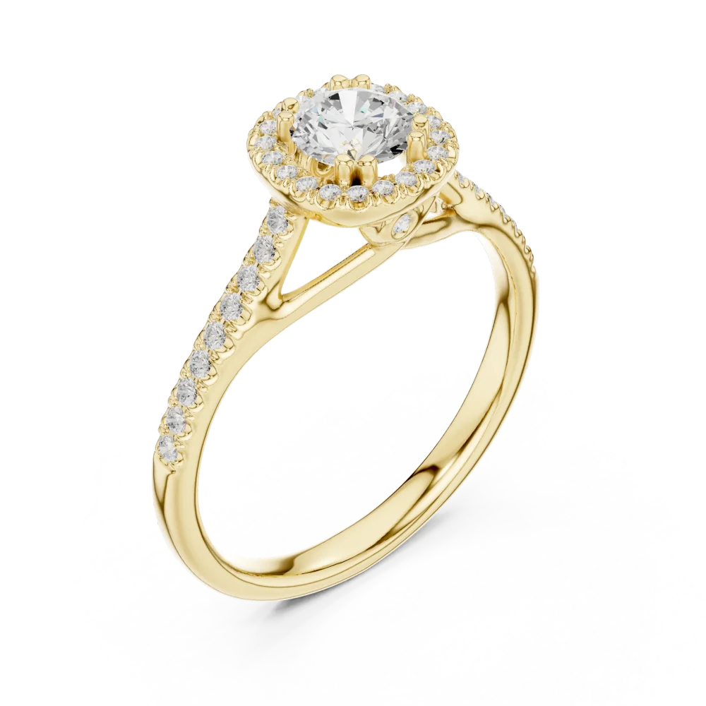 Experience brilliant scintillation with this exquisite halo solitaire ring. Handcrafted with a round DIAMEUR diamond. Shop this modern classic now.