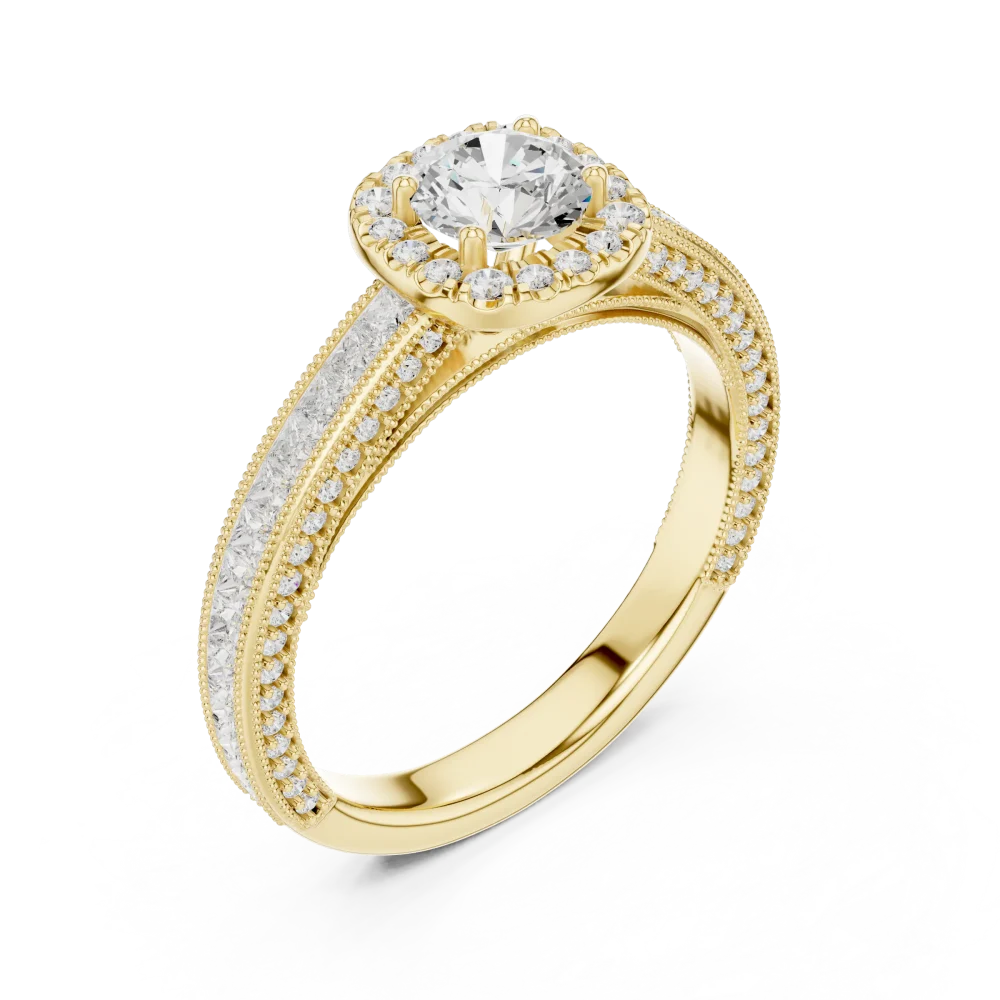 Experience eternal brilliance with this round solitaire ring featuring princess-cut channel accents. A modern classic for your collection. Shop now.