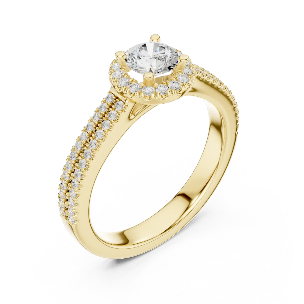 Discover the radiant allure of our round pavé-set halo solitaire ring. Handcrafted with brilliant DIAMEUR diamonds, shop this modern classic today.
