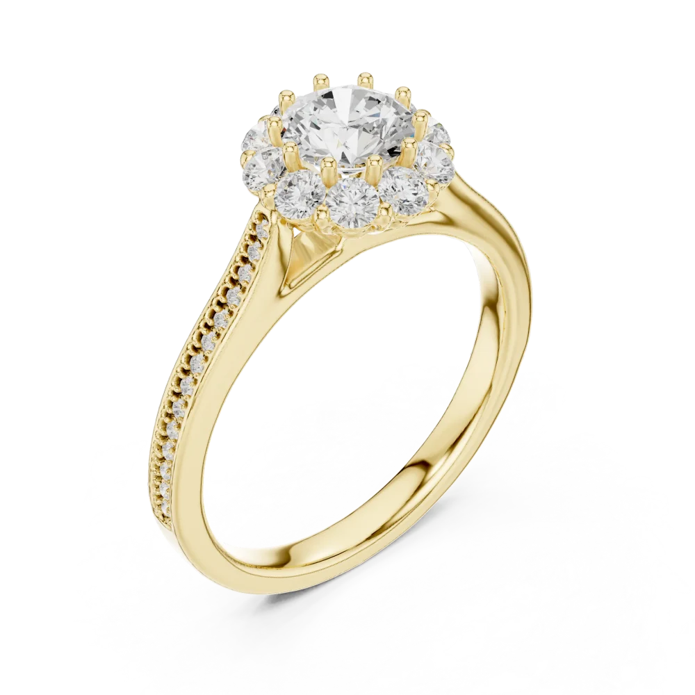 Discover the Luminary Halo Solitaire Ring, featuring a brilliant DIAMEUR diamond halo and pavé-set band. Experience sustainable luxury and shop today.