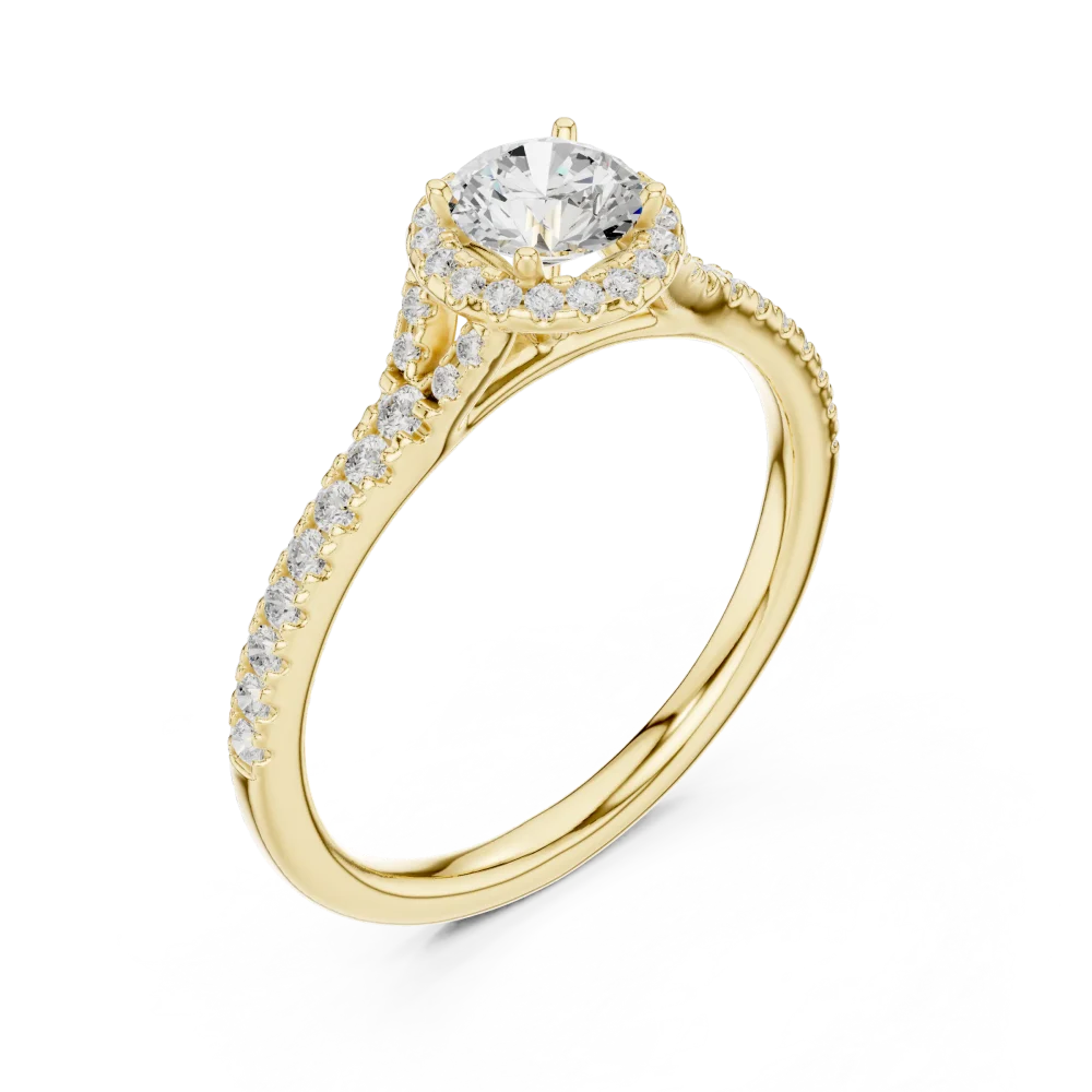 Discover the Ethereal Luminary Solitaire Ring, featuring a brilliant-cut DIAMEUR diamond in a pavé-set band. Elevate your style with sustainable luxury.