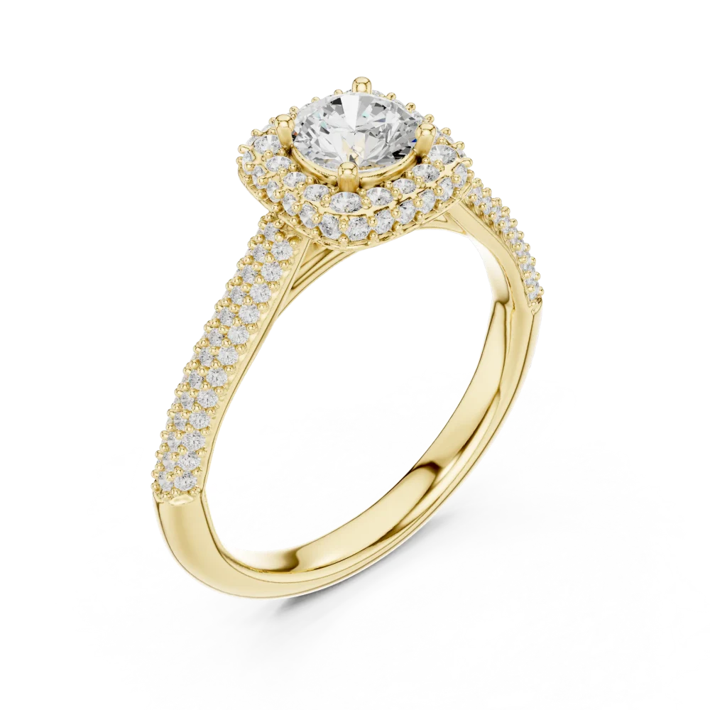 Radiate elegance with our round brilliant DIAMEUR halo solitaire ring. Handcrafted with precision for a timeless look. Shop this modern luxury today.