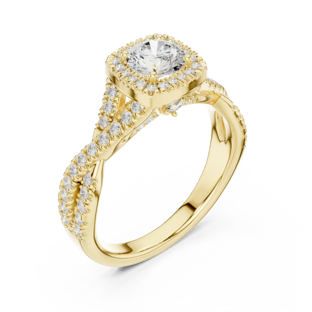 Experience the radiance of our twisted solitaire ring, featuring a brilliant DIAMEUR diamond. Elevate your style with sustainable, fine luxury. Shop now.