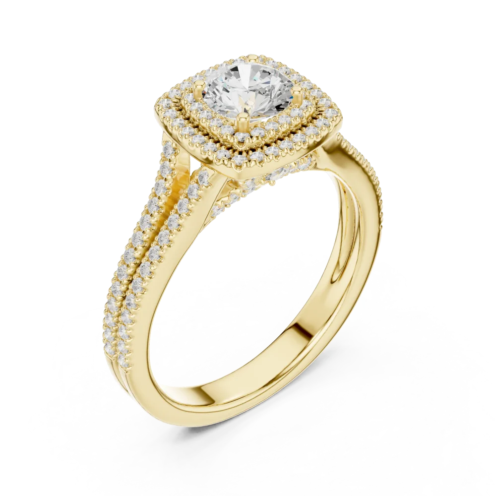 Experience radiant elegance with this double halo solitaire ring. Featuring a brilliant DIAMEUR diamond, it is a modern classic. Shop the collection.