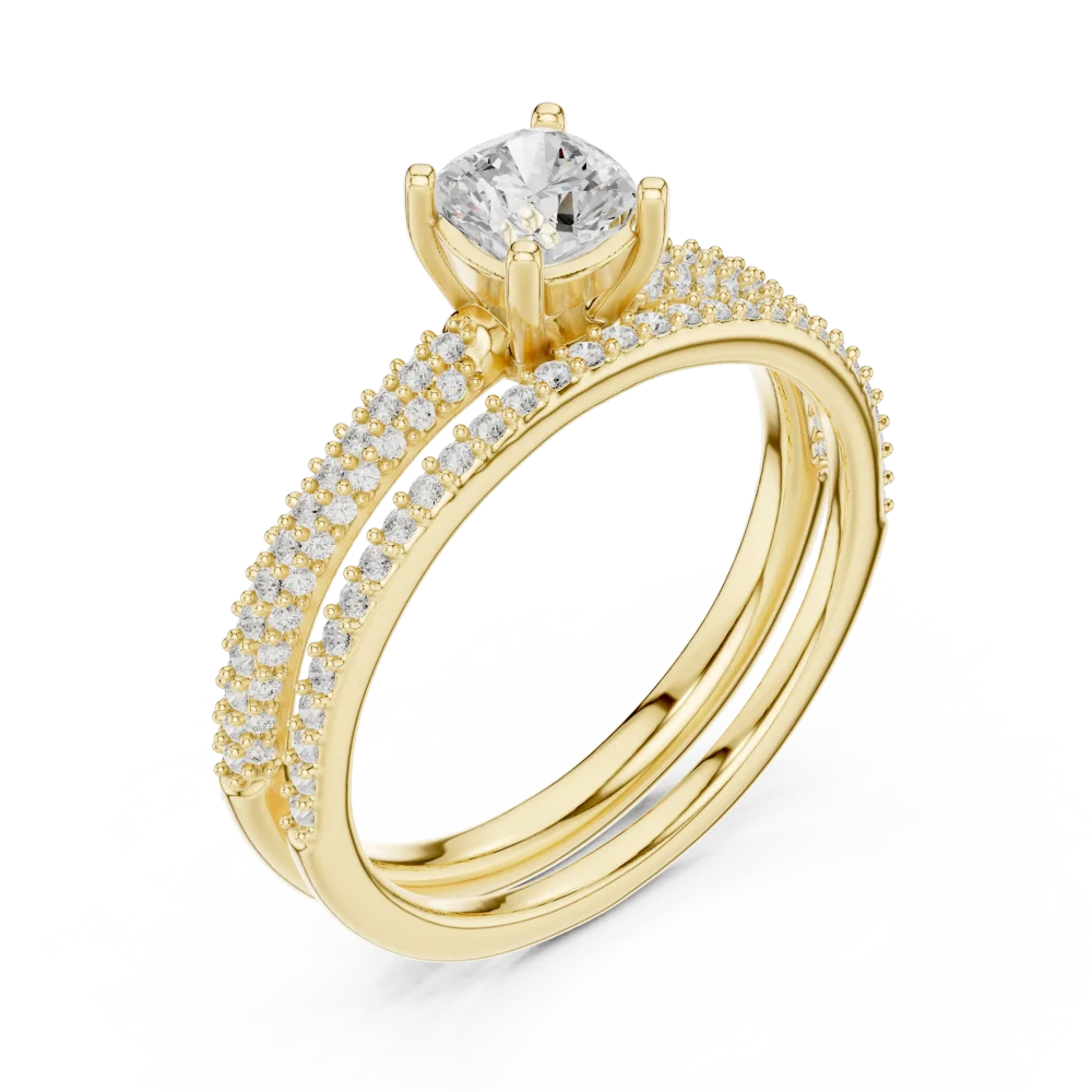 Discover the radiant allure of our cushion-cut solitaire ring, featuring pavé-set DIAMEUR diamonds. Elevate your collection with this modern classic.