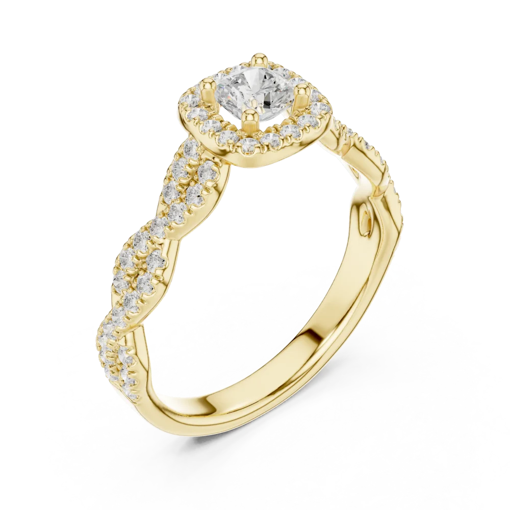 Discover the Ethereal Cushion Cut Solitaire Ring, featuring brilliant DIAMEUR diamonds in a pavé-set twist design. Elevate your forever, shop now.