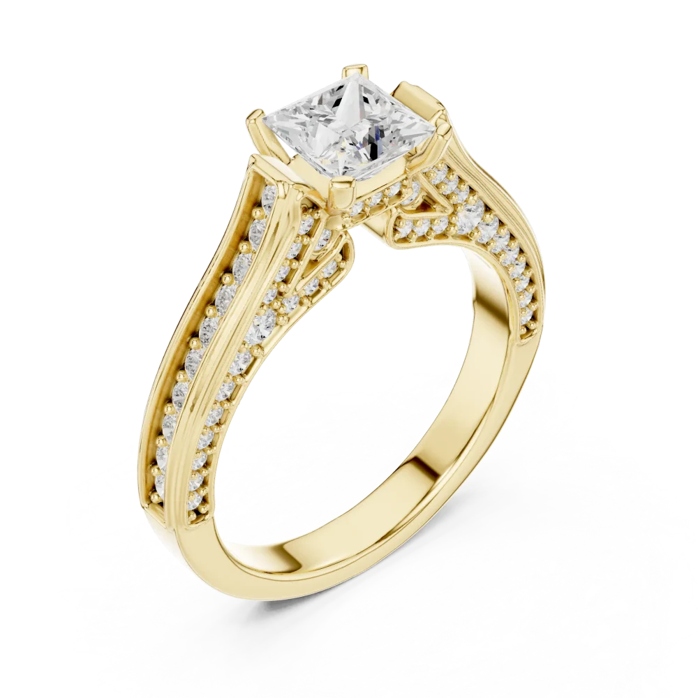 Discover the beauty of this architectural princess-cut solitaire ring, featuring brilliant pavé accents for timeless elegance. Shop the collection.