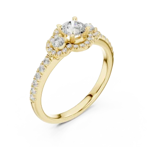 Luminary Round Brilliant Three-Stone Halo Solitaire Ring