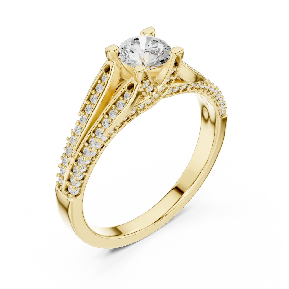 Experience timeless brilliance with this architectural round solitaire ring, adorned with pavé DIAMEUR diamonds. Discover your perfect fit today.