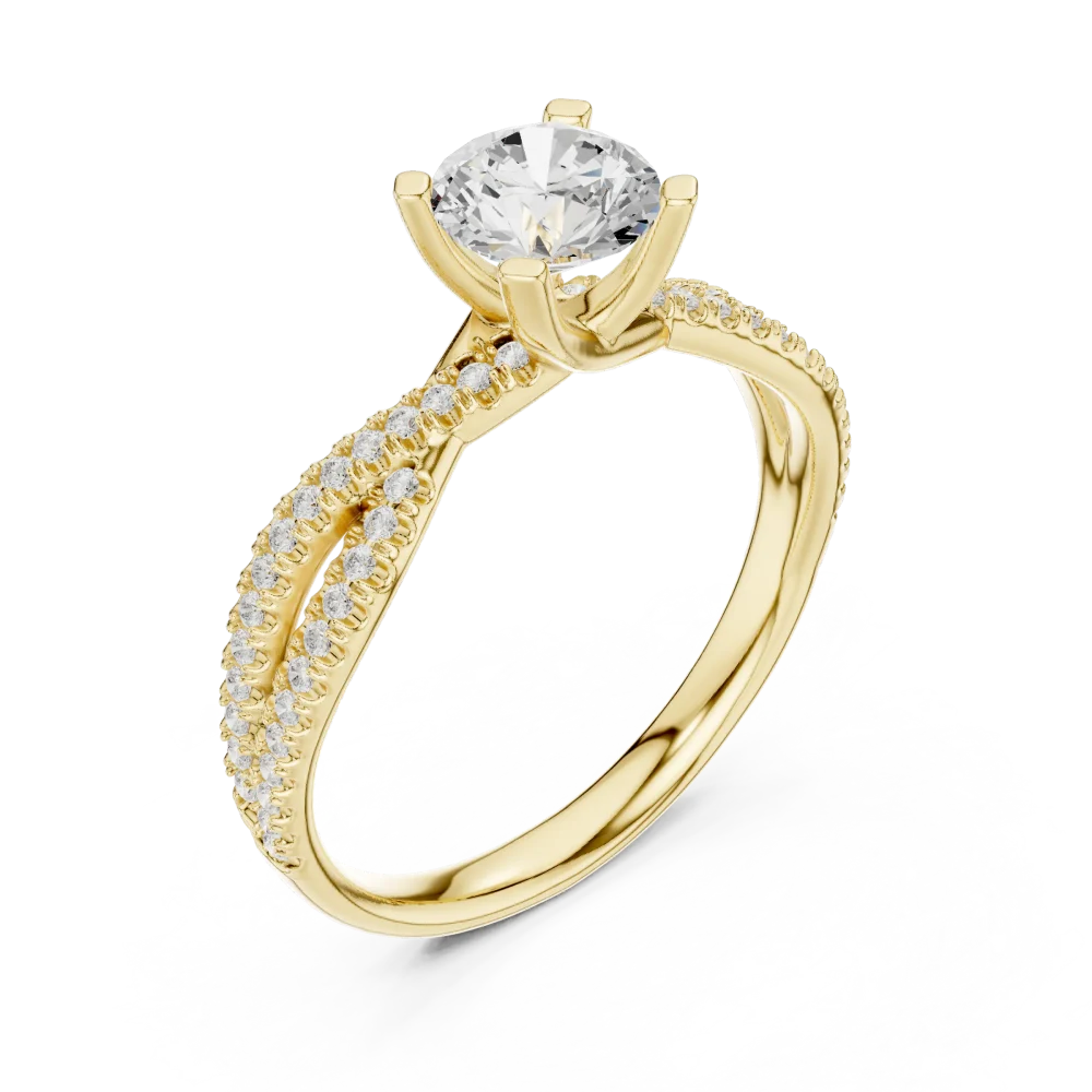 Experience the brilliance of this modern round solitaire ring featuring a twisted, pavé-set band. Discover sustainable luxury. Shop yours today.