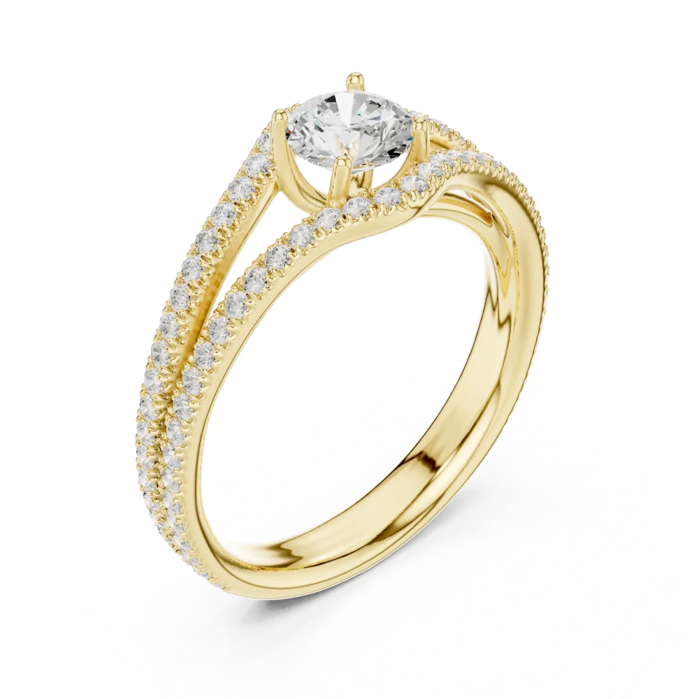 Discover the brilliance of this radiant round-cut solitaire ring, featuring pavé-set DIAMEUR diamonds. Elevate your collection with modern luxury today.