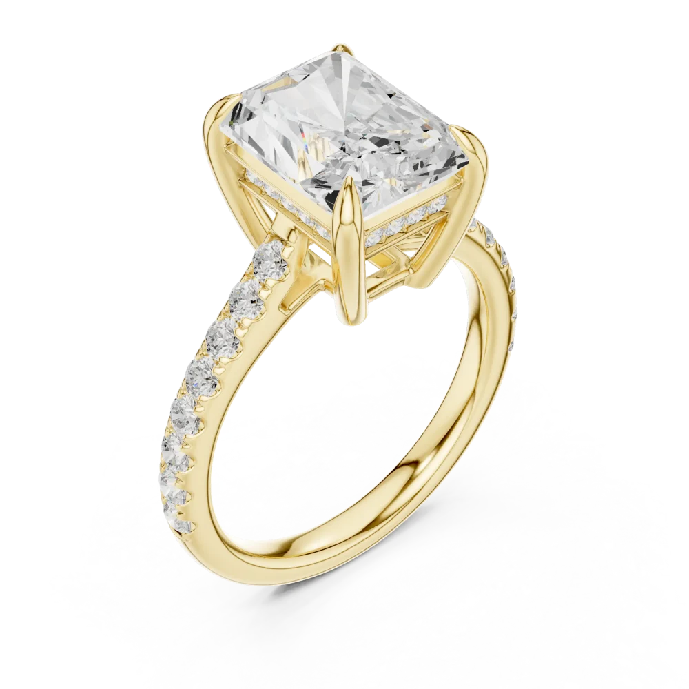 Discover the elegance of our Radiant Solitaire Ring, featuring a stunning center stone and a hidden halo. A brilliant-cut, sustainable luxury masterpiece.