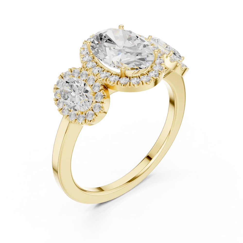 Elevate your style with this radiant three-stone halo ring featuring brilliant-cut DIAMEUR diamonds. A modern classic, shop this exquisite piece today.