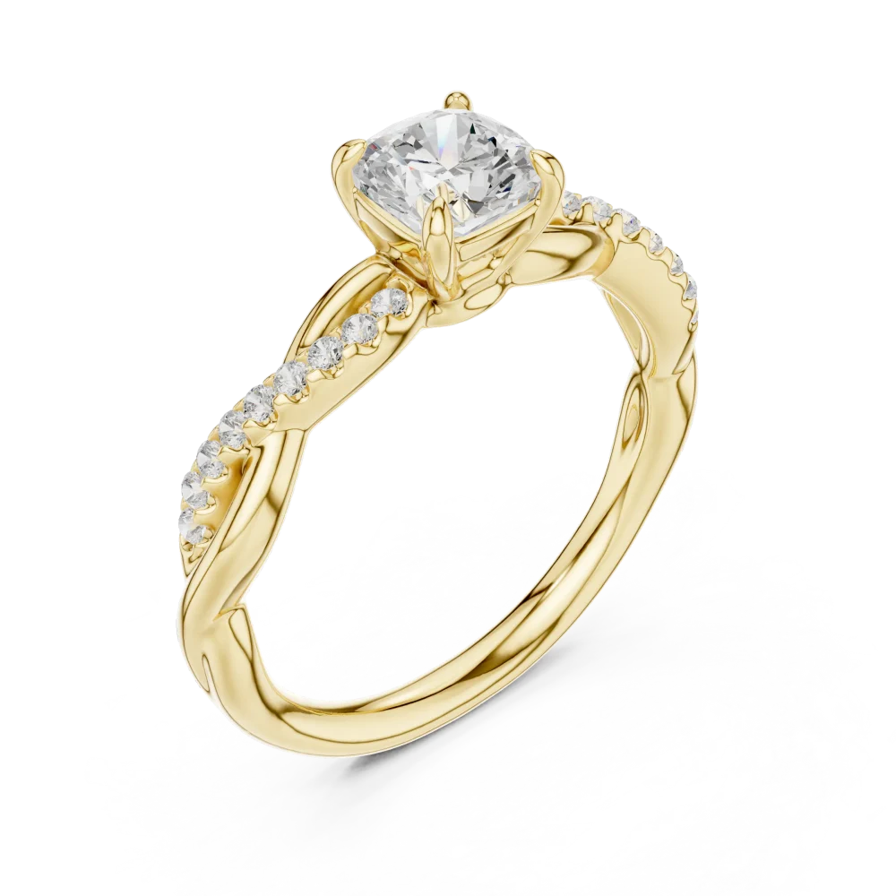 Discover the radiant beauty of our Cushion Cut Solitaire ring, featuring shimmering pavé accents. Experience the luxury of a perfect DIAMEUR diamond.