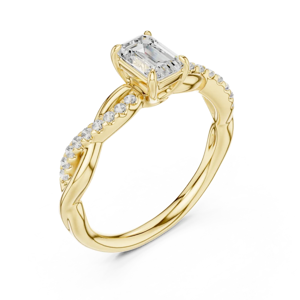 Experience modern sophistication with this emerald-cut DIAMEUR lab-grown diamond ring, featuring a graceful, twisted pavé band. Shop your luxury now.