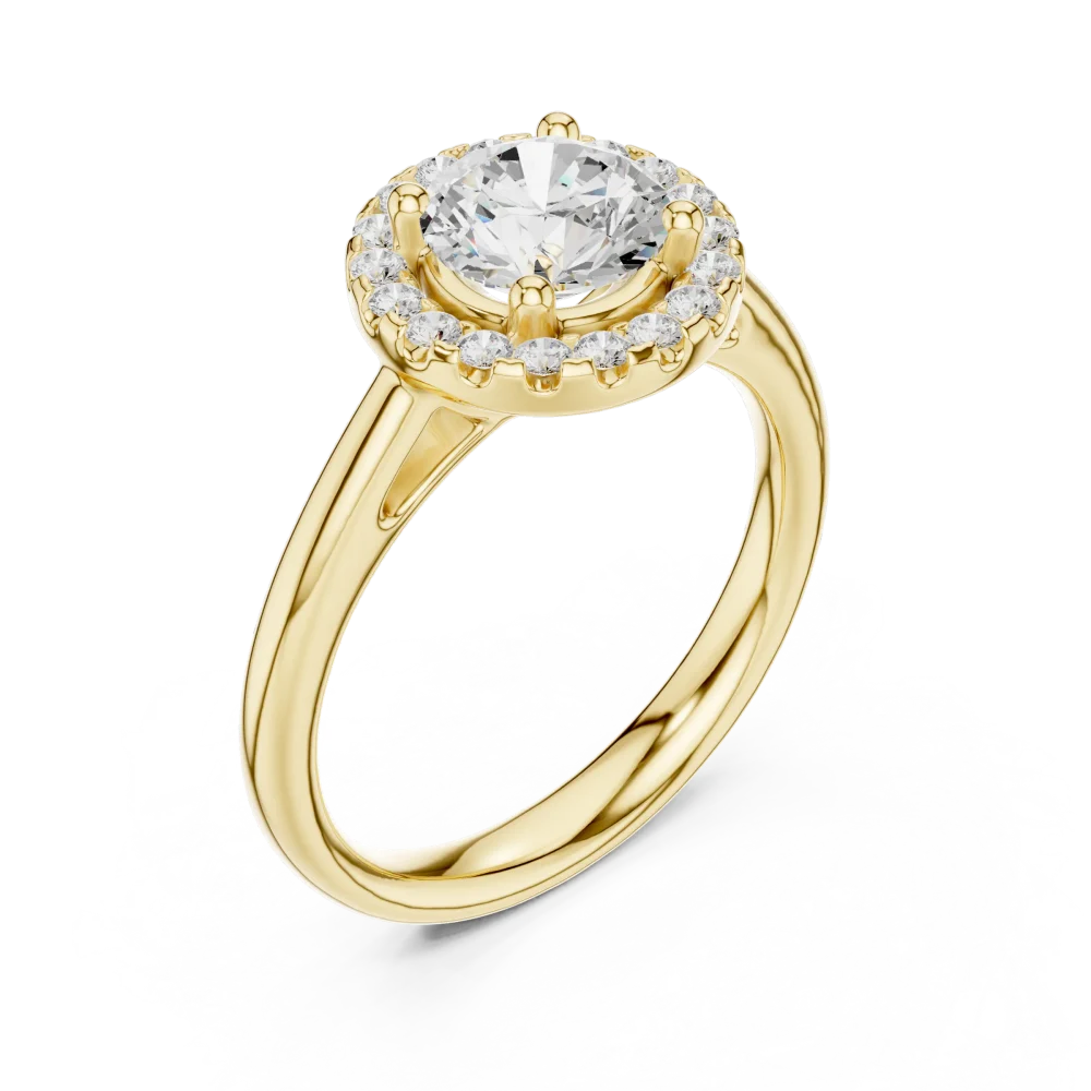 Elevate your style with this exquisite round Solitaire ring, featuring a brilliant DIAMEUR diamond halo. Discover the perfect fusion of luxury today.