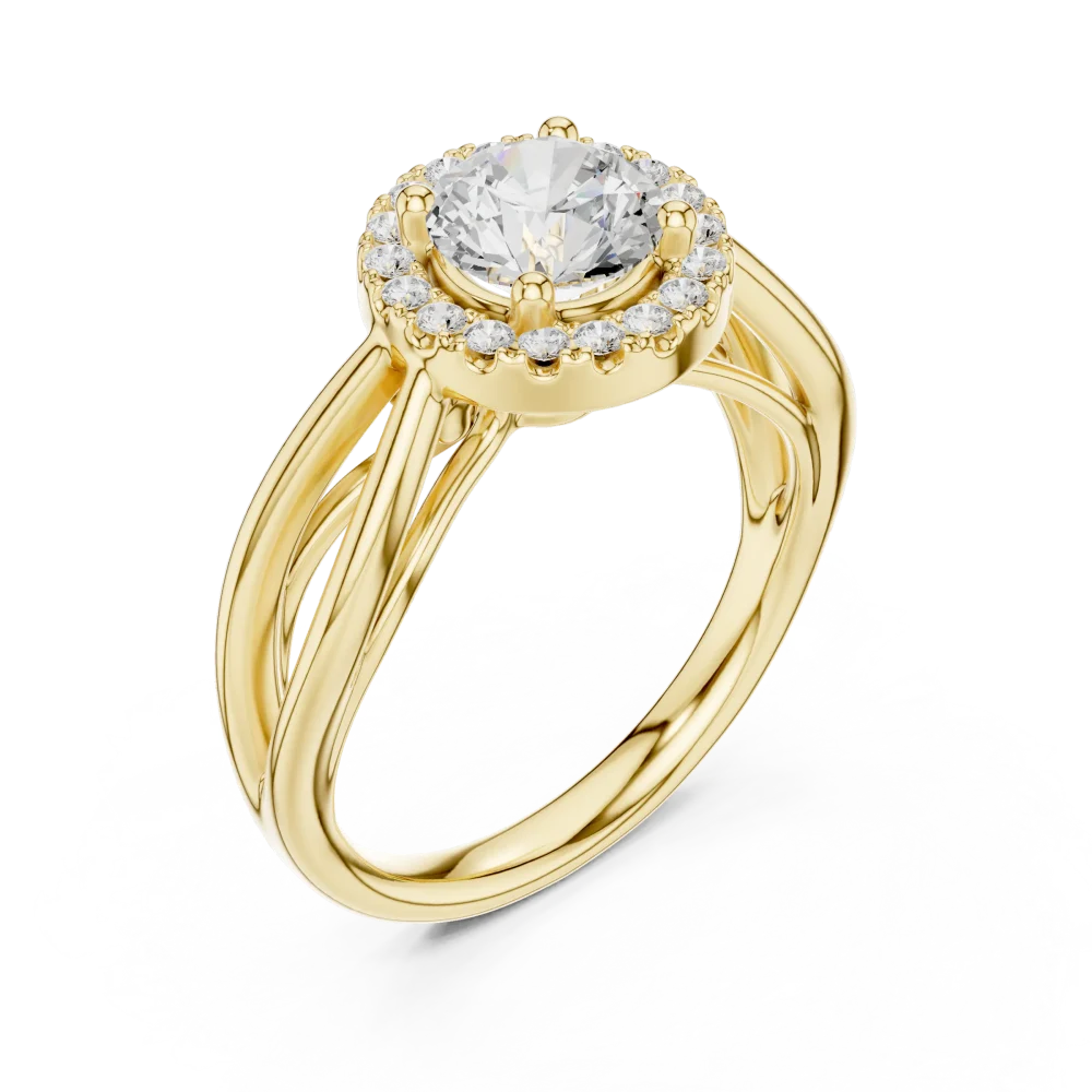 Discover the radiant beauty of this round Solitaire ring. Featuring a brilliant-cut DIAMEUR diamond in a halo setting, shop this sustainable luxury today.