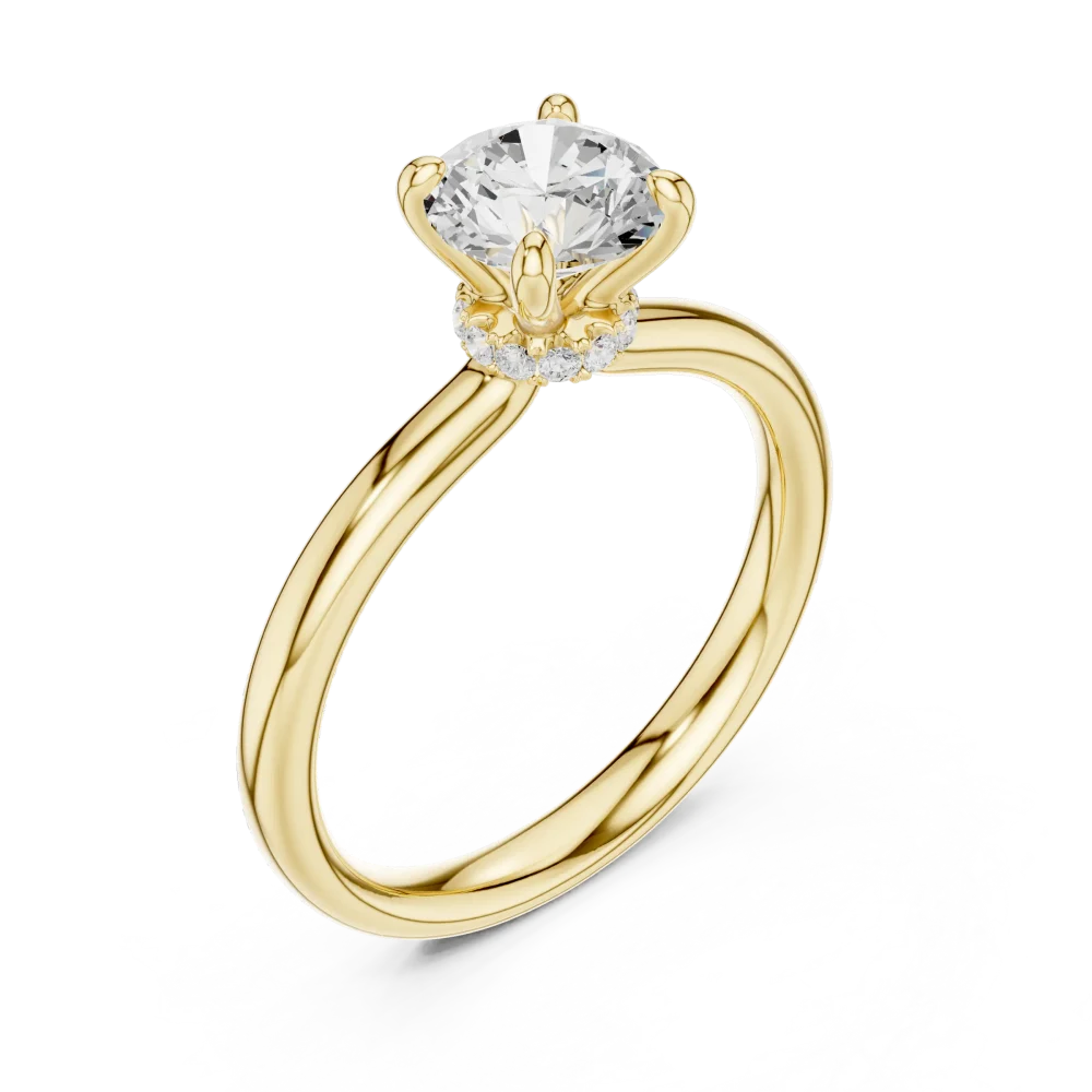 Discover the Essence Solitaire Ring, featuring a radiant round DIAMEUR lab-grown diamond in a sleek hidden halo setting. Experience sustainable luxury.