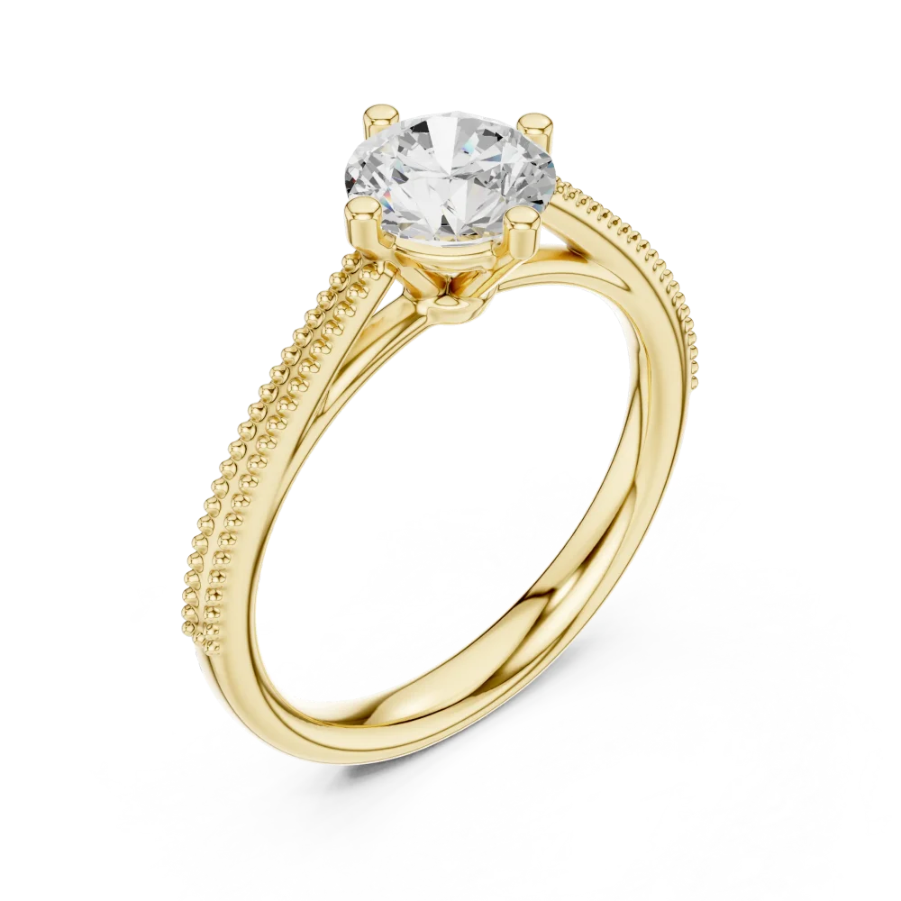 Experience the timeless elegance of this round Solitaire ring, featuring a brilliant DIAMEUR diamond set on a textured band. Shop this modern classic.