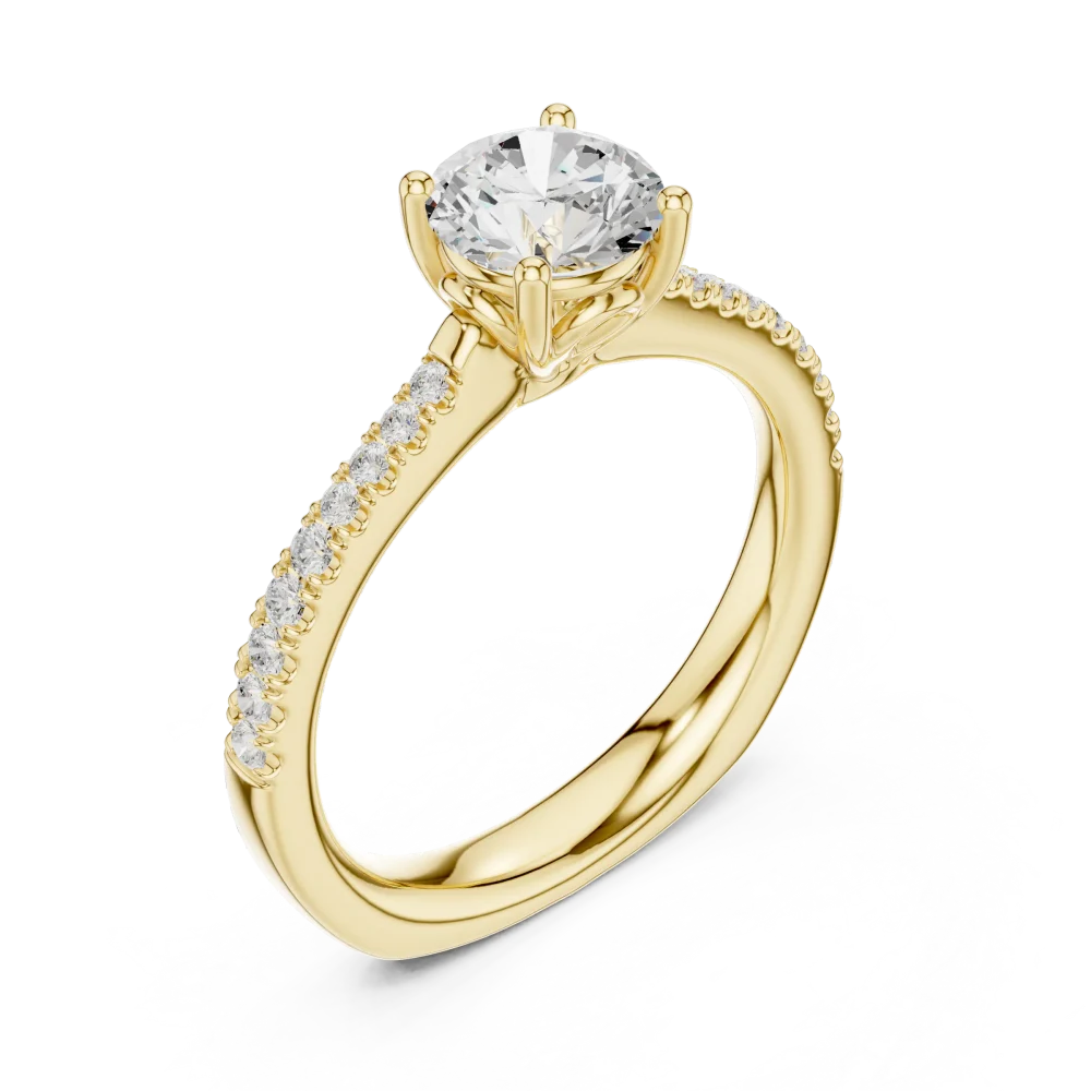 Discover our Essence round brilliant-cut Solitaire ring, featuring a stunning DIAMEUR diamond and sparkling pavé accents. Experience sustainable luxury.