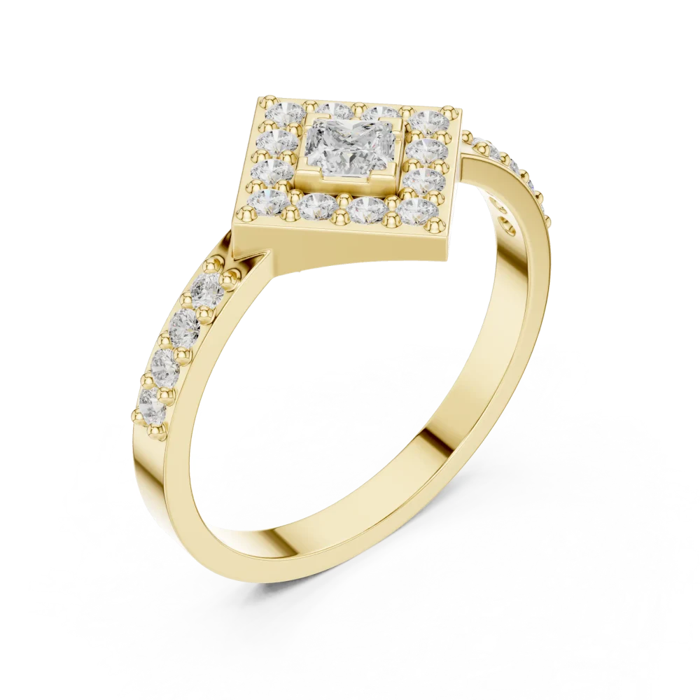 Discover the radiant allure of our geometric halo ring, set with a stunning princess-cut DIAMEUR diamond. Elevate your collection with sustainable luxury.
