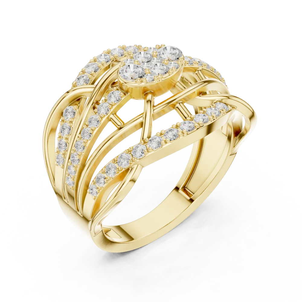 Experience the fluid elegance of this sculptural ring, adorned with brilliant-cut DIAMEUR diamonds. Elevate your everyday style with timeless luxury.